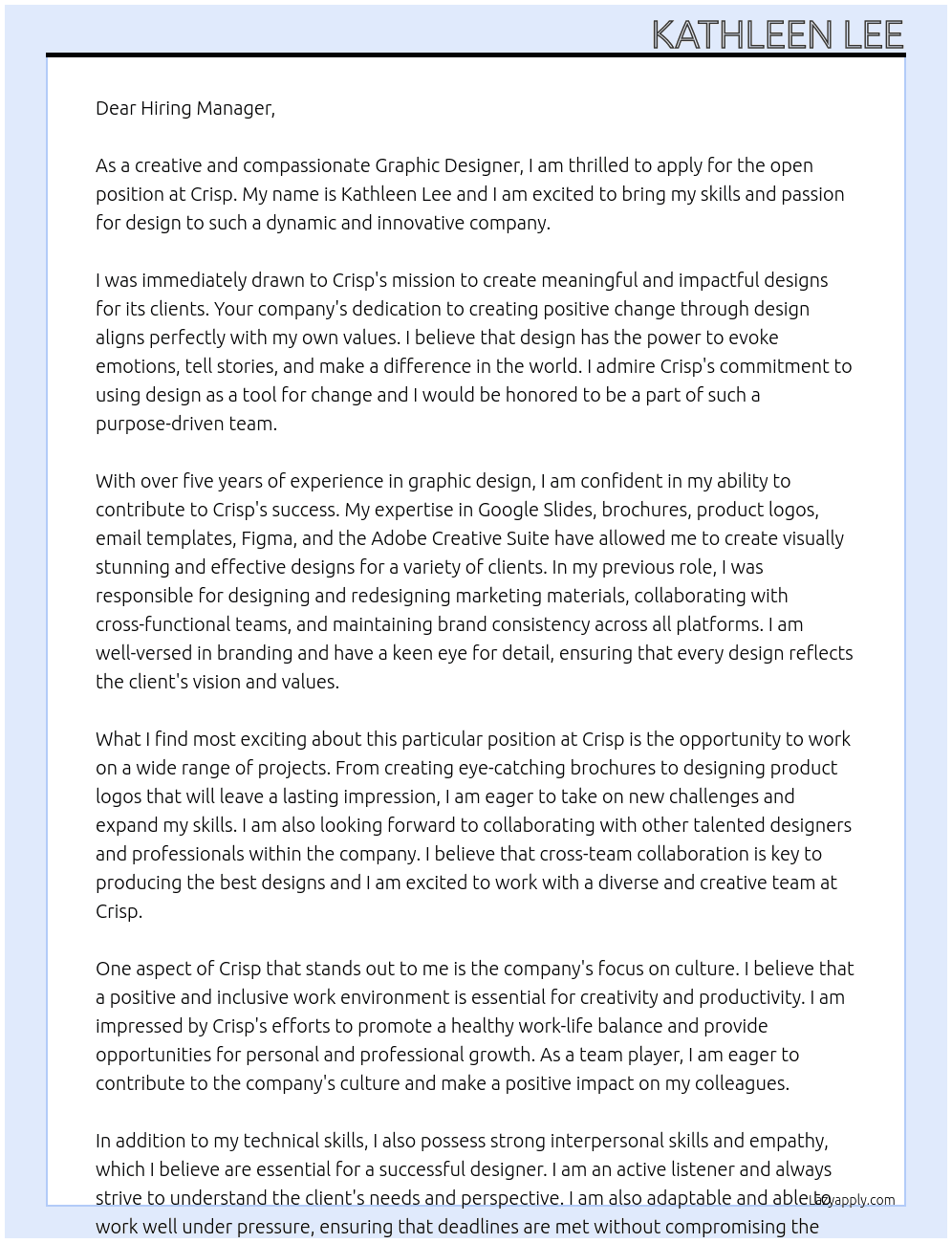 Graphic Designer At Crisp Cover Letter