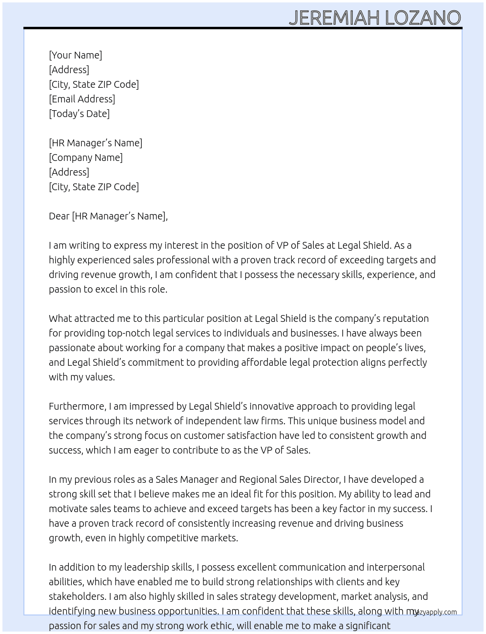 VP of Sales At Legal Shield Cover Letter