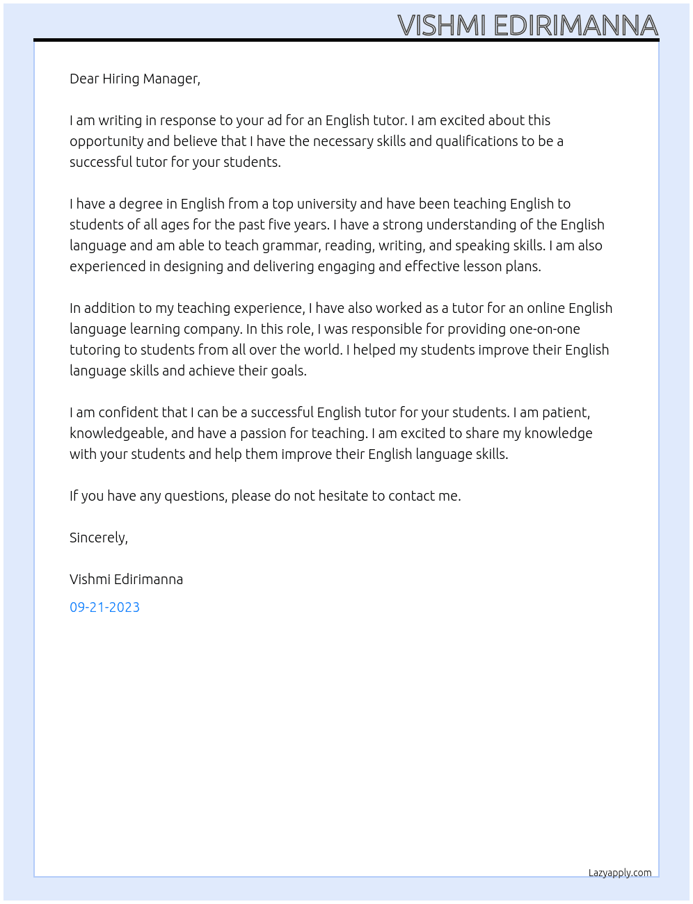 English Tutor At  Easykey Education  Cover Letter