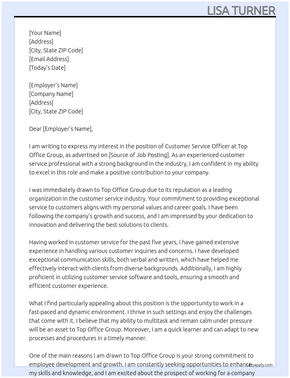 Customer Service Officer  At Top Office Group Cover Letter