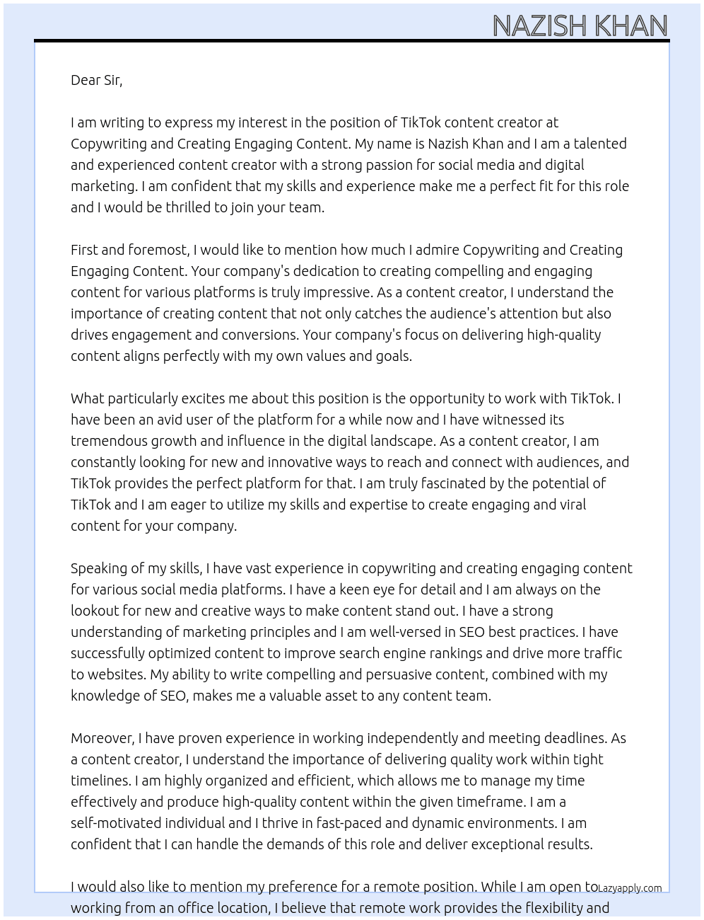 Tiktol content creator At copywriting and creating engaging content Cover Letter