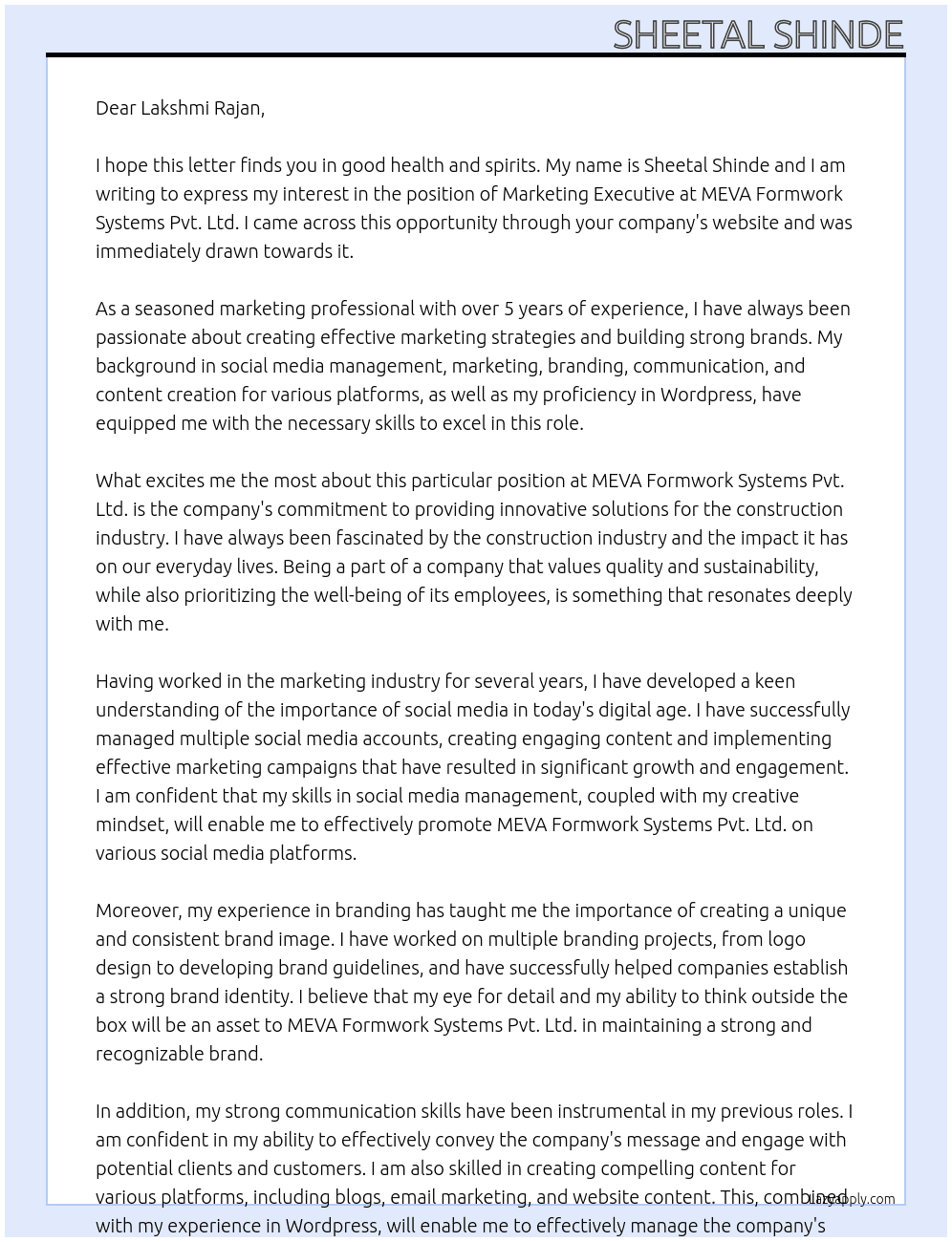 Marketing Executive At MEVA Formwork Systems Pvt. Ltd. Cover Letter