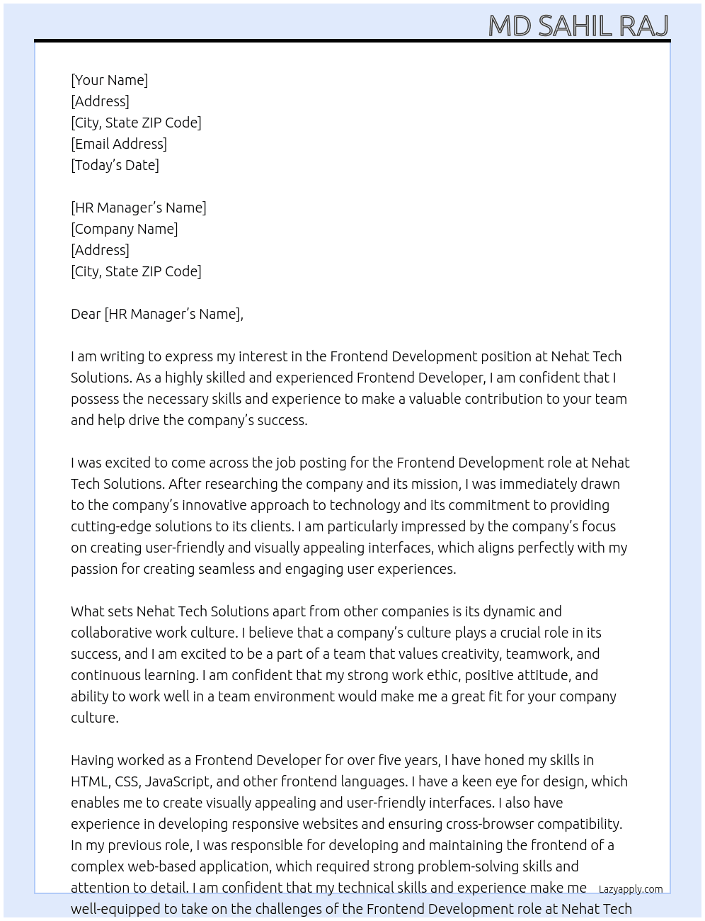 Frontend Development At Nehat Tech Solutions Cover Letter