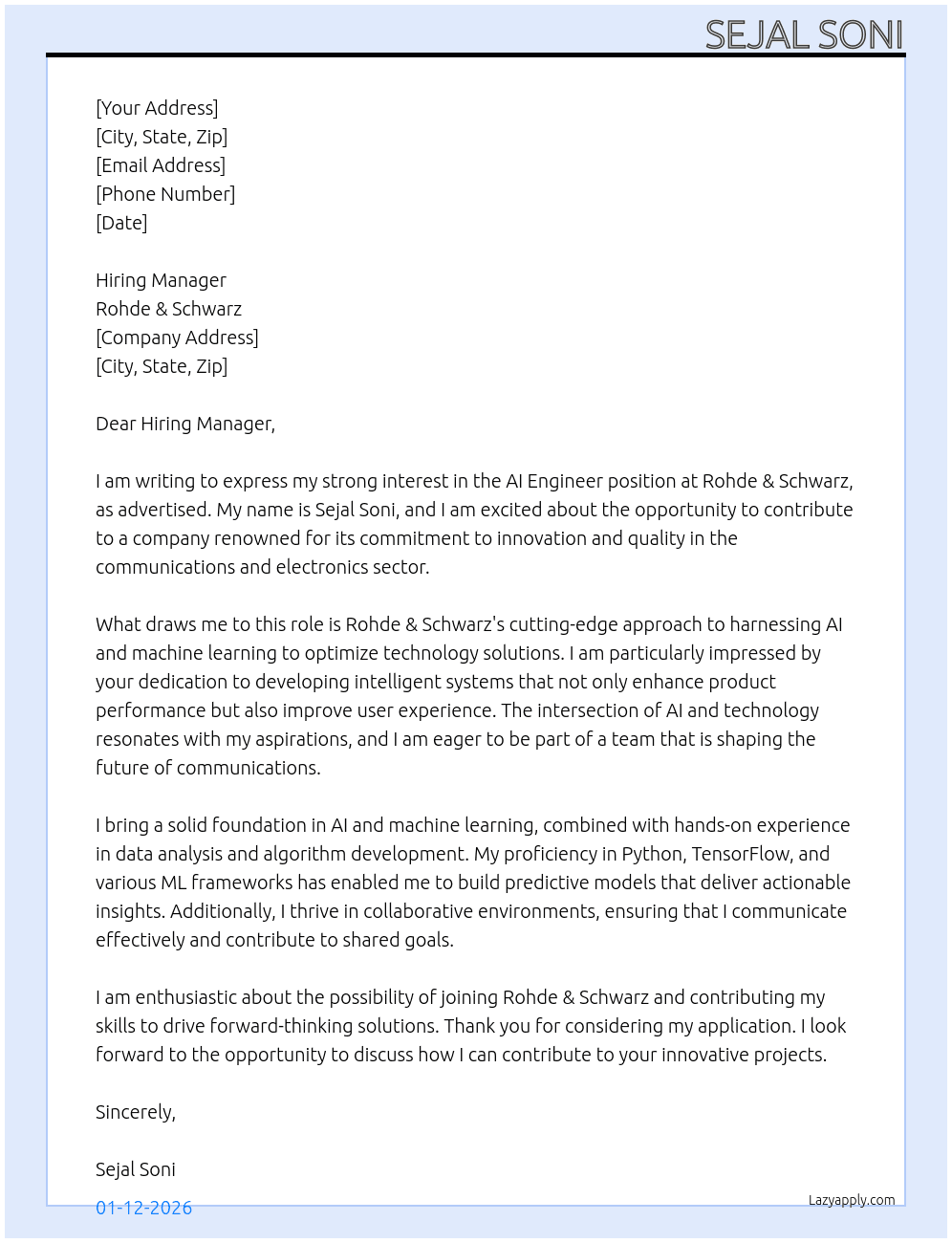 AI ENGINEER At Rohde & Schwarz Cover Letter