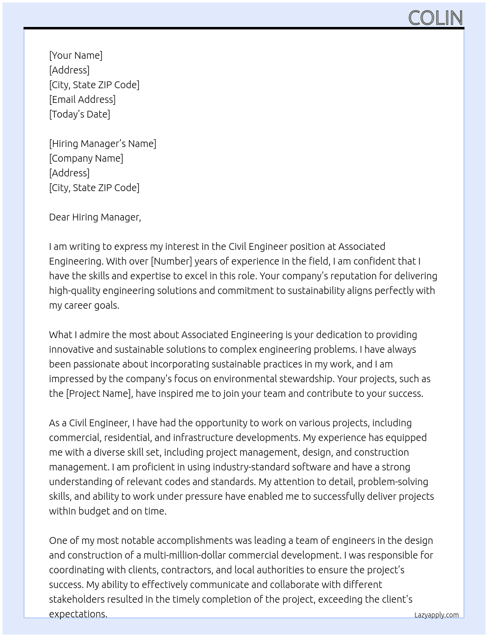 Civil Engineer At Associated Engineering Cover Letter