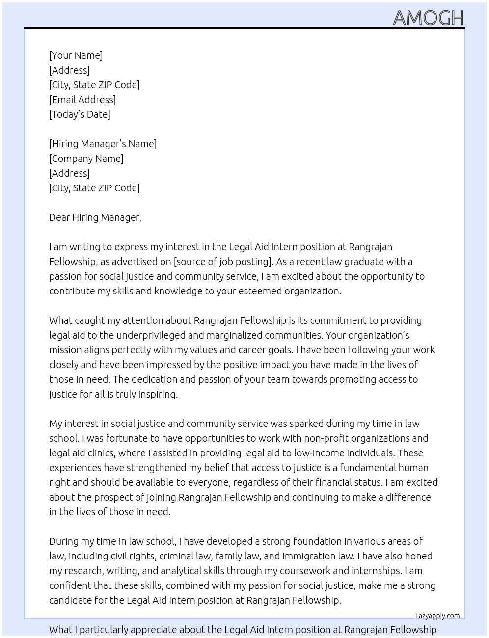 legal aid intern At rangrajan fellowship Cover Letter