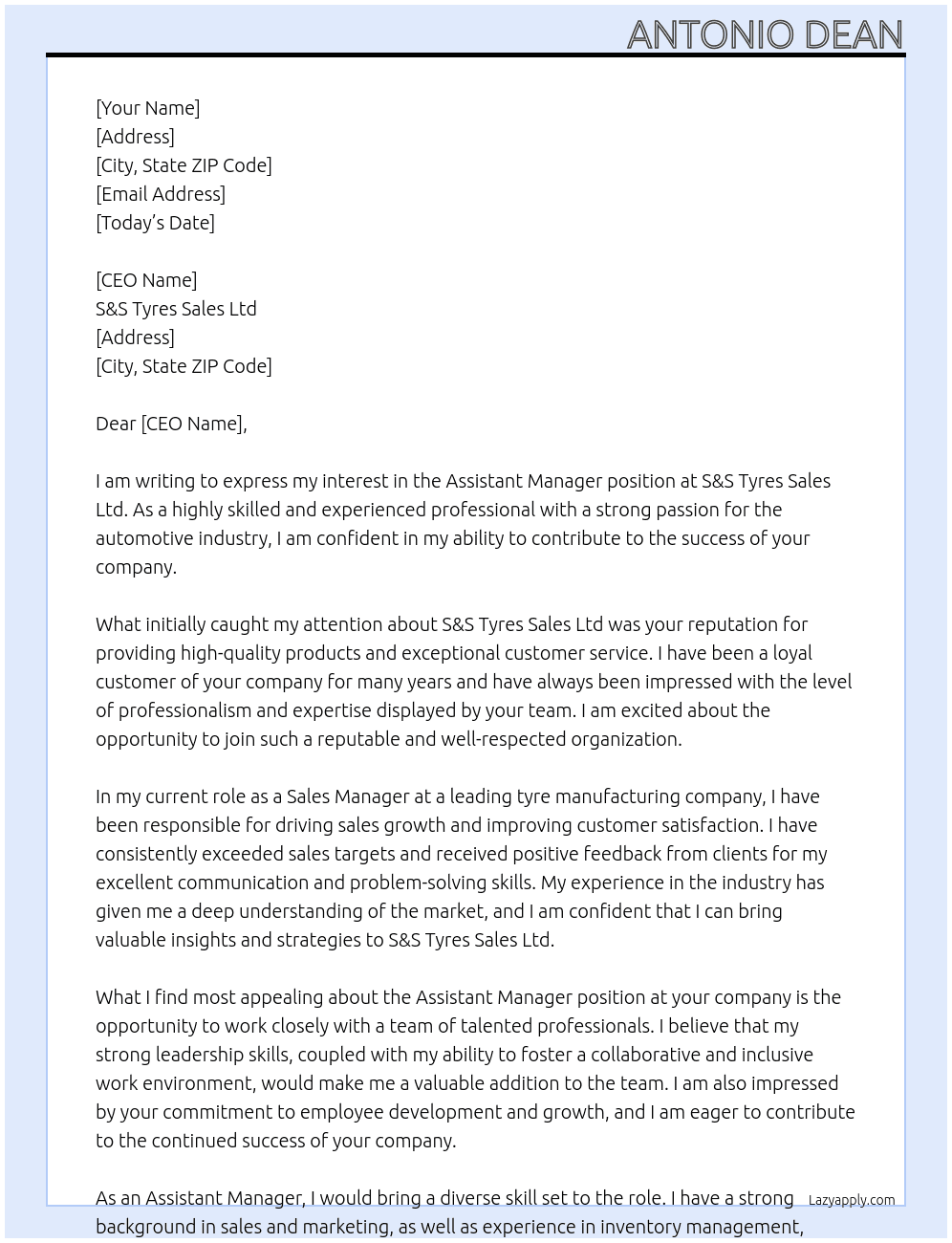 Assistant manager  At S&S TYRES SALES LTD Cover Letter