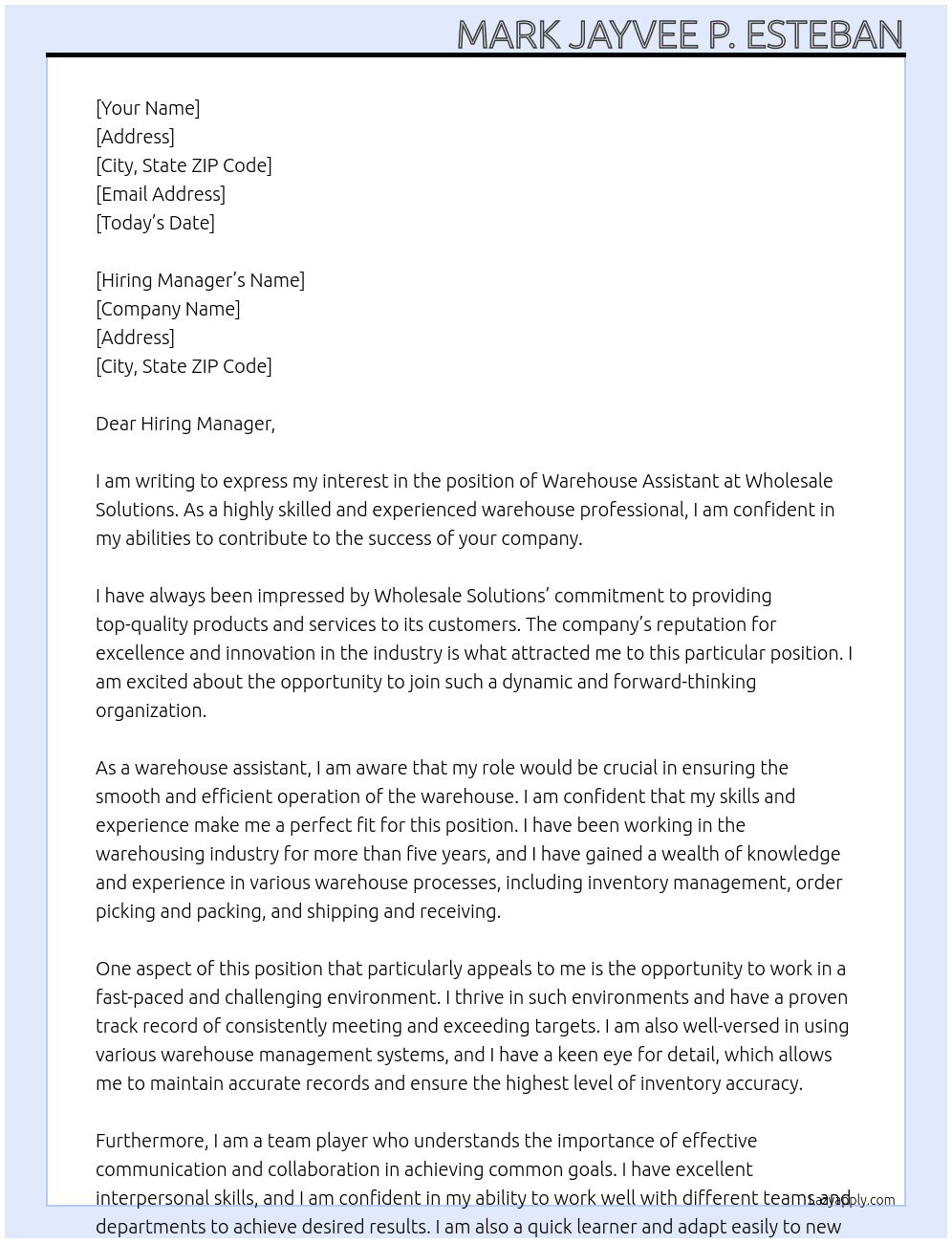 Warehouse Assistant At Wholesale Solutions Cover Letter