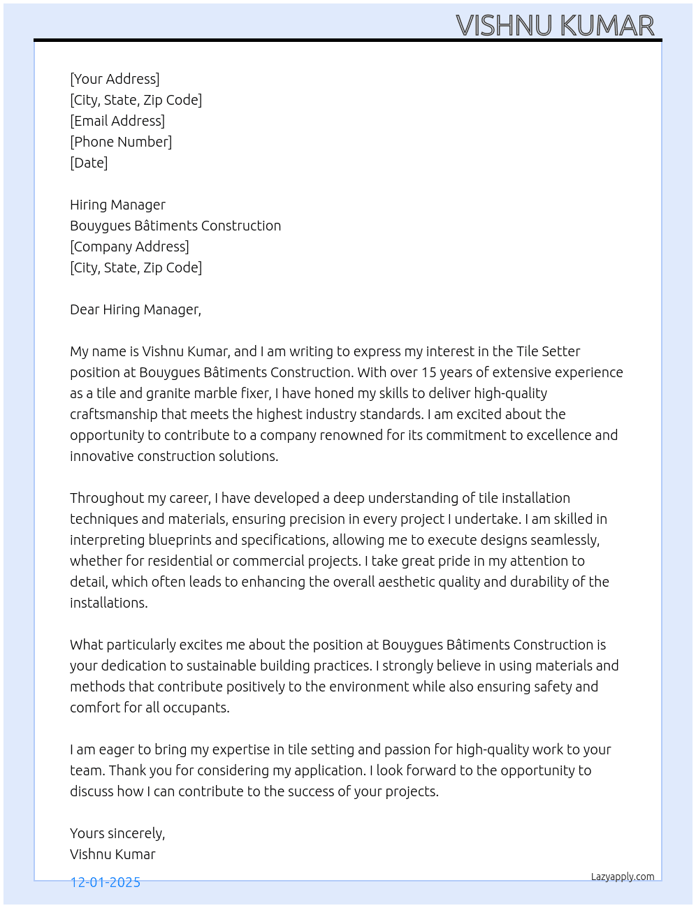Cover letter for tile and granite marble fixer - LazyApply
