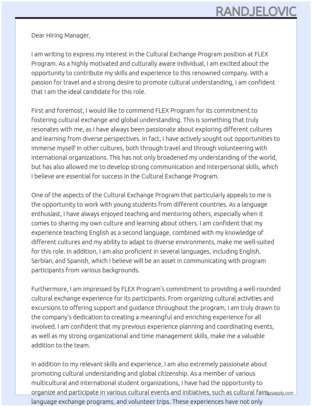 cultural exchange program At FLEX Program Cover Letter