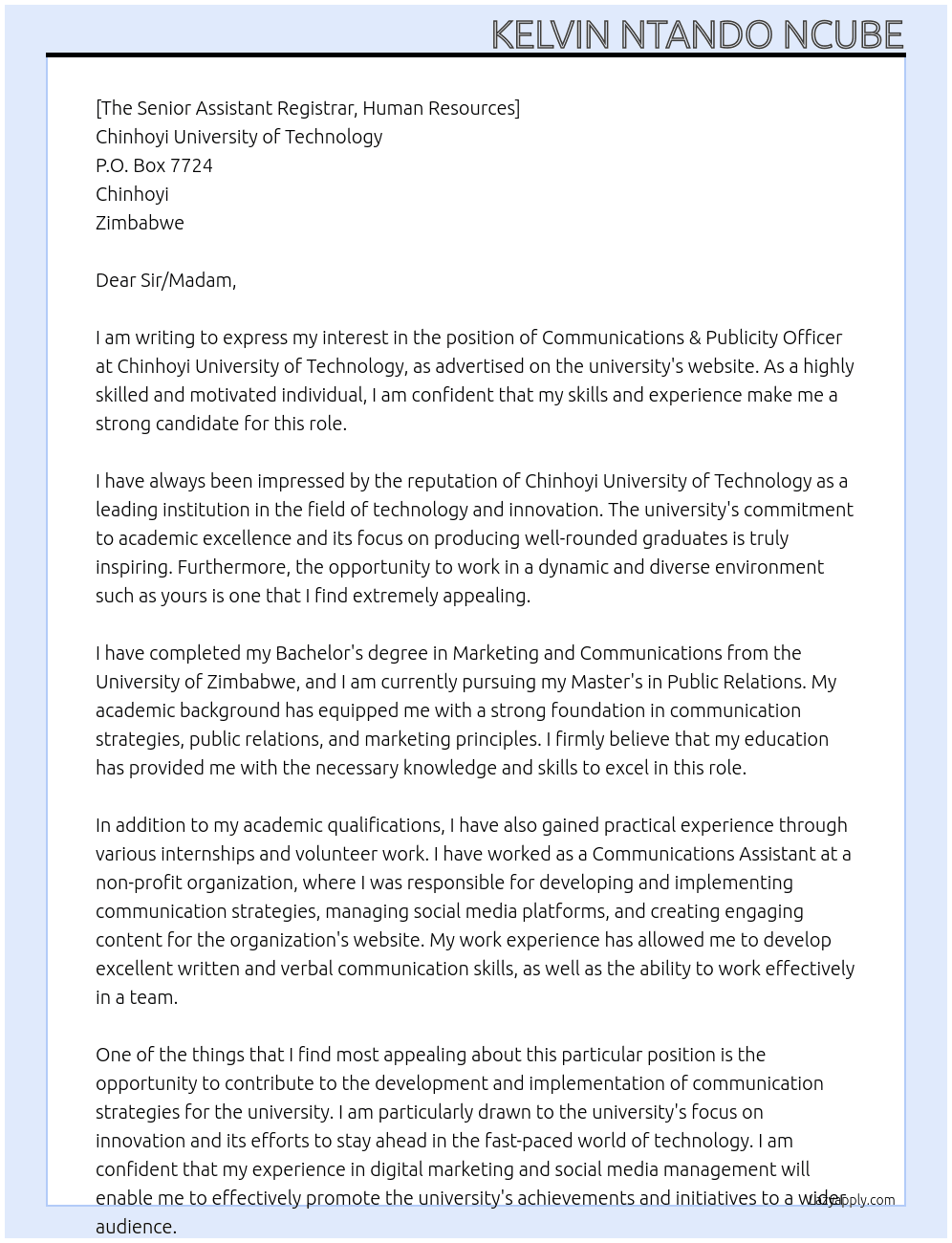 Communications & Publicity Officer At Chinhoyi University of Technoloy Cover Letter