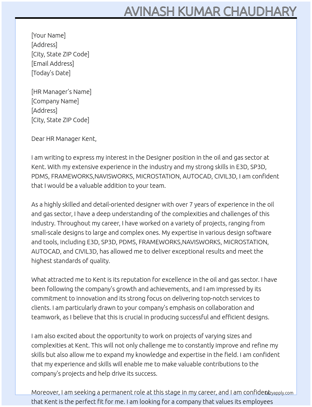Designer (oil & Gas sector At Kent Cover Letter