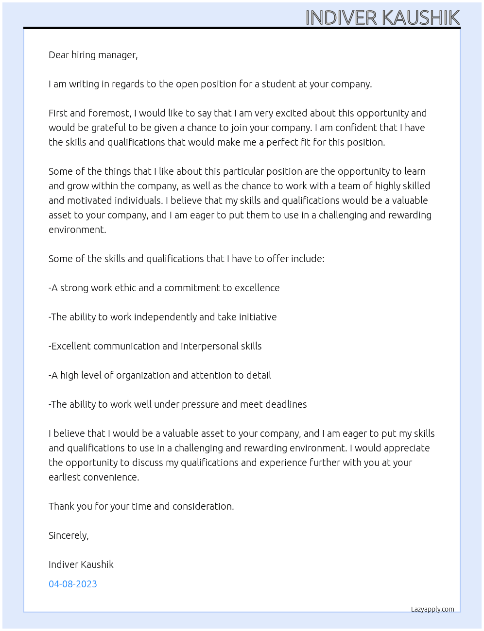 Student At Germany  Cover Letter