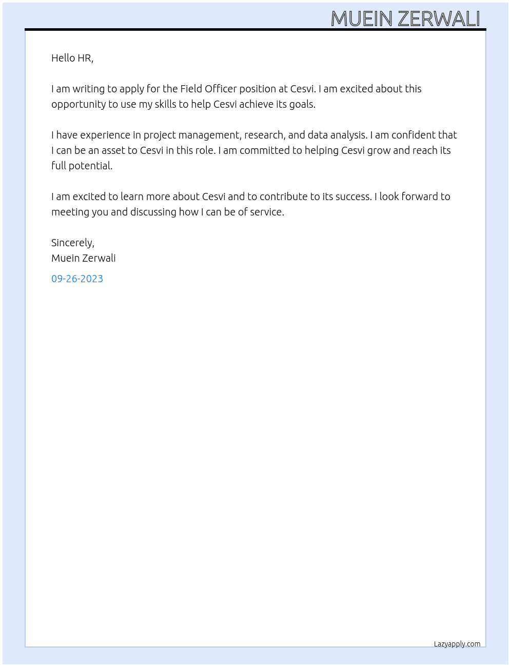 Field officer At Cesvi Cover Letter