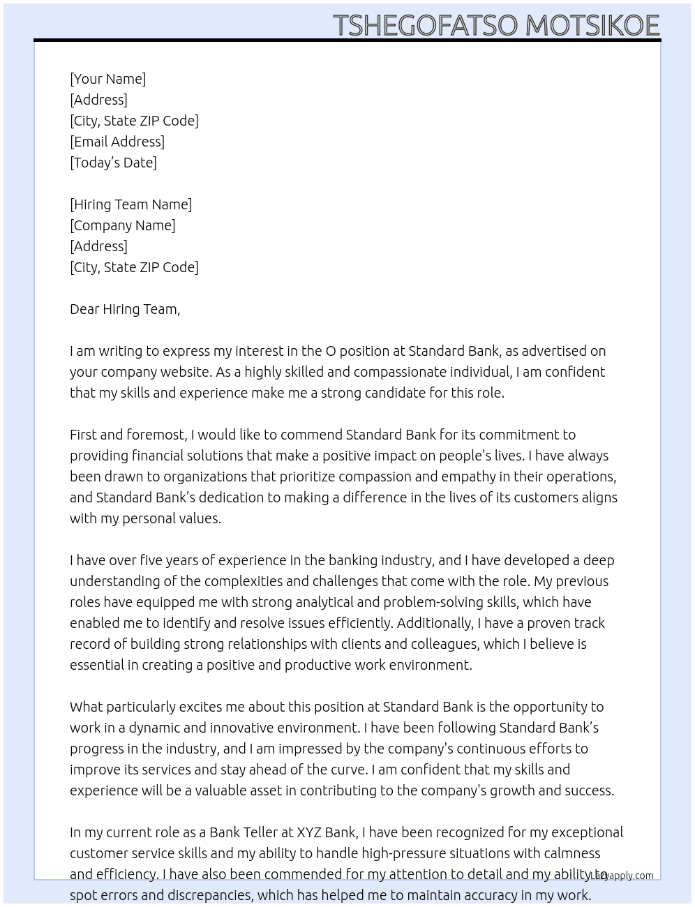 Cover letter for o - LazyApply