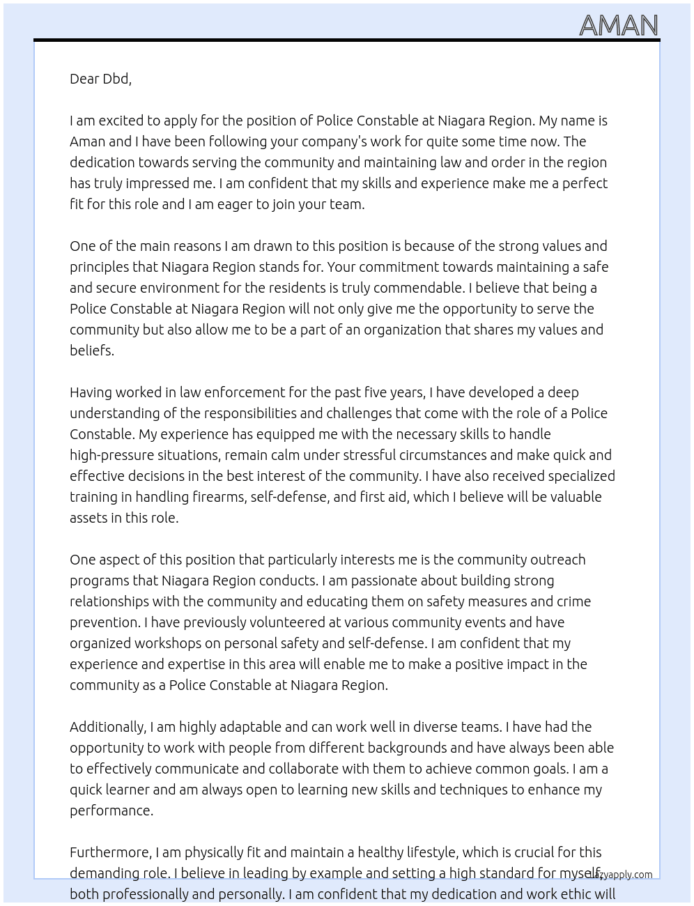 Police constable At Niagara region Cover Letter