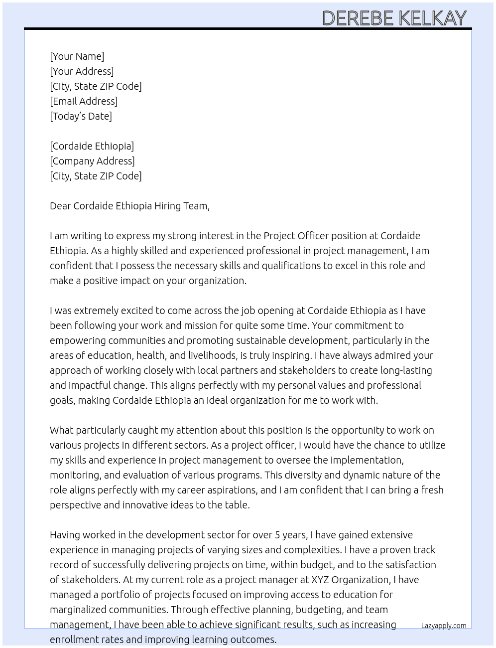 Project Officer  At CORDAID Ethiopia Cover Letter