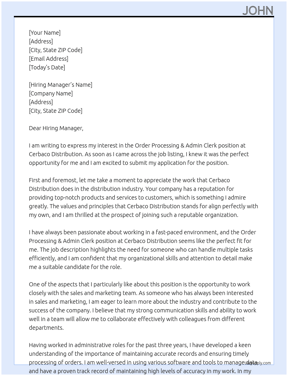 Order Processing & Admin Clerk At Cerbaco Distribution Cover Letter