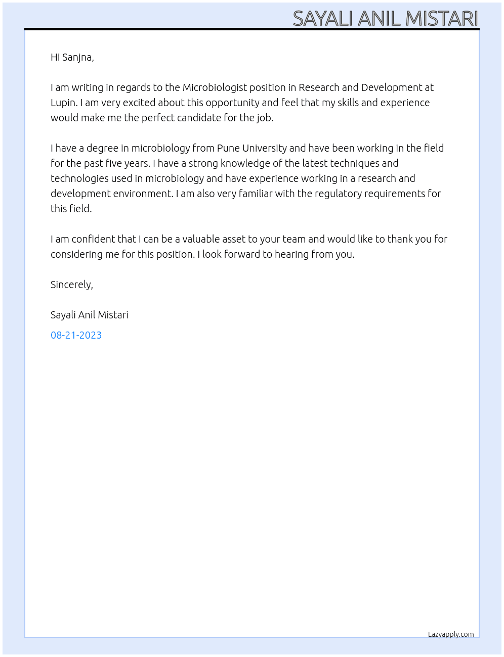 Microbiologist,Research and Development At Lupin pvt Ltd pune Cover Letter