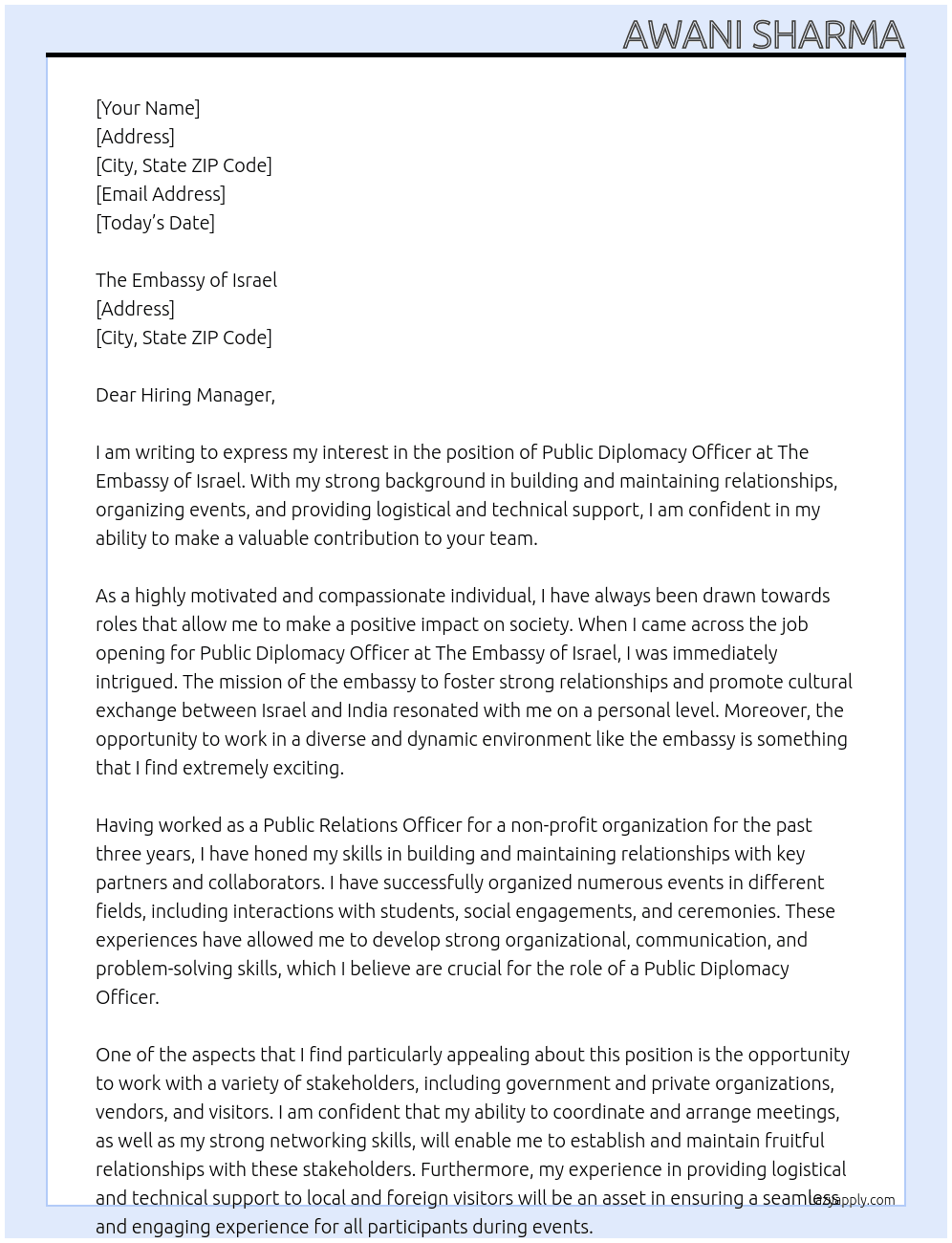  Public Diplomacy Officer  At The Embassy of Israel Cover Letter