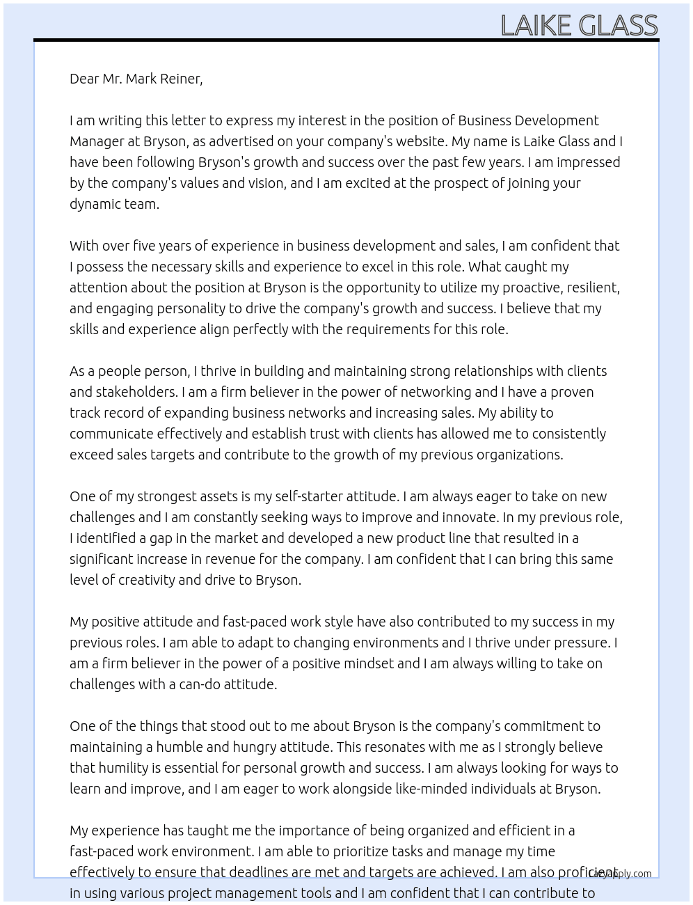 Business Development Manager At Bryson Cover Letter
