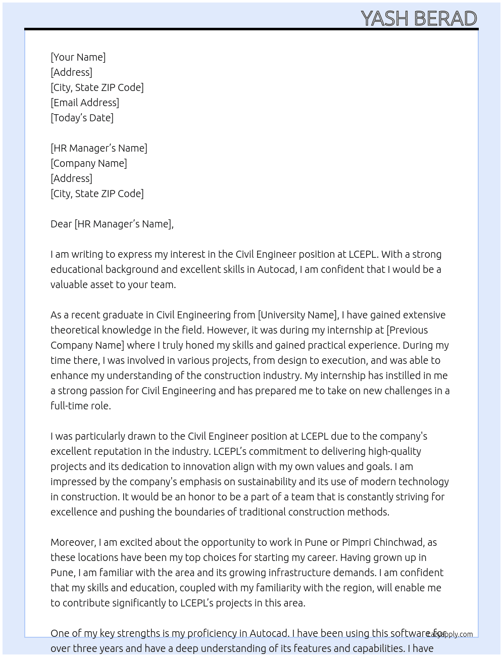 Civil engineer At LCEPL Cover Letter