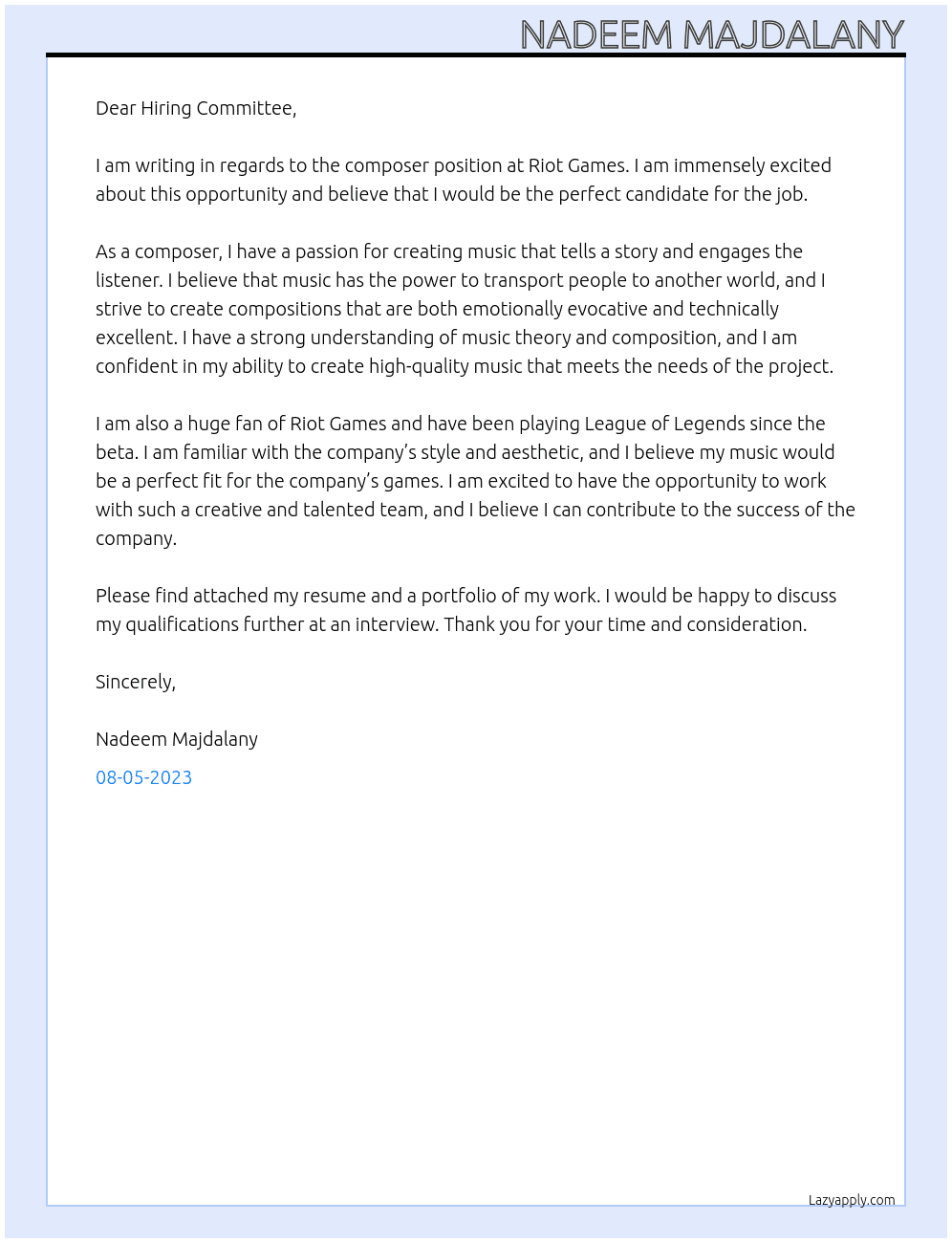 Composer At Riot Games Cover Letter