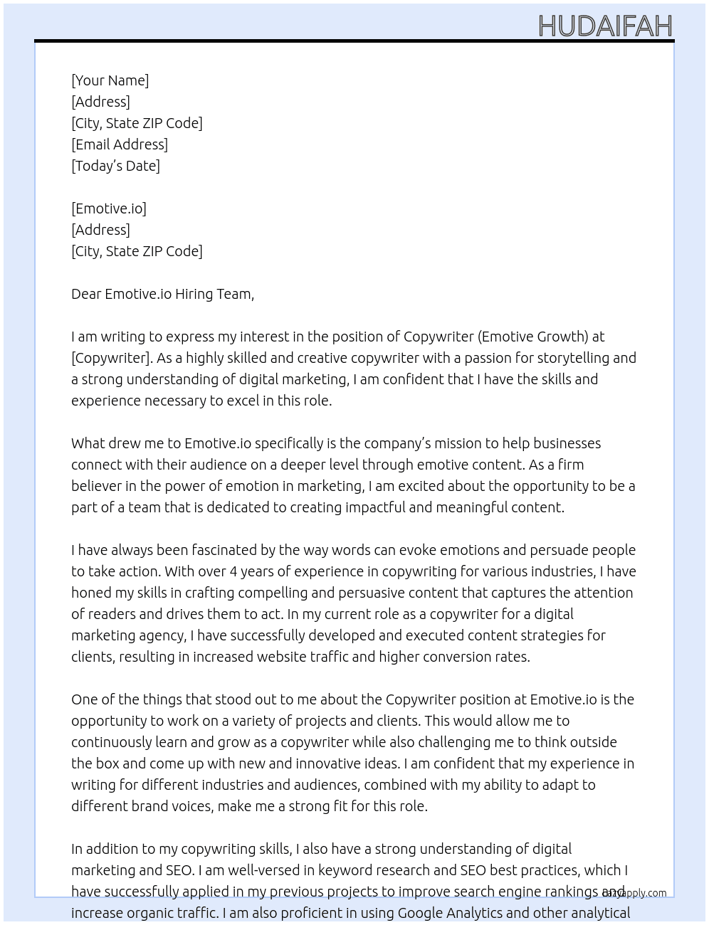 Copywriter (Emotive Growth) At Copywriter Cover Letter
