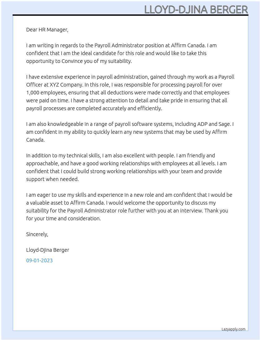 Payroll Administrator At Affirm Canada Cover Letter