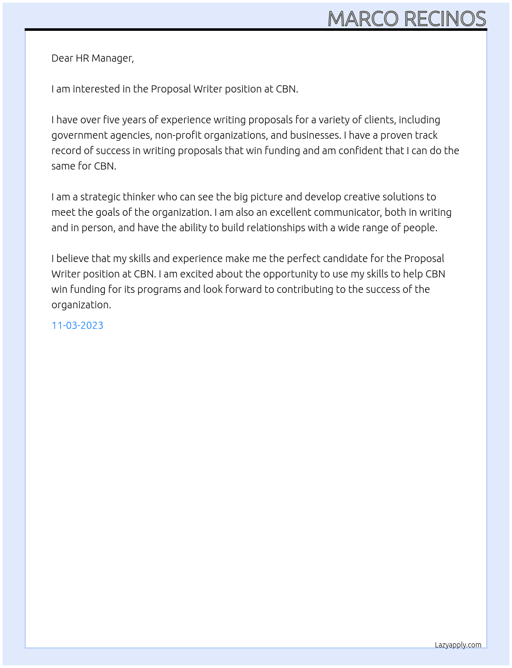 Proposal Writer At CBN Cover Letter