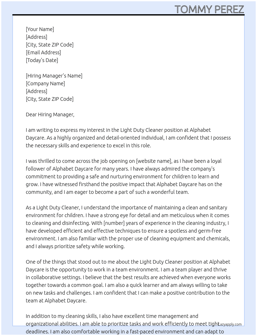 Light Duty Cleaner At Alphabet Daycare Cover Letter