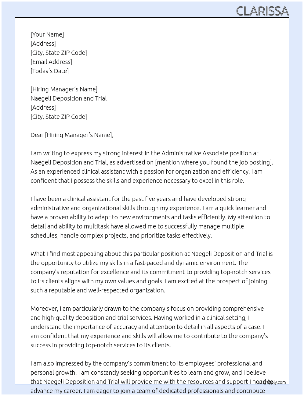 Administrative associate At naegeli deposition and trial Cover Letter
