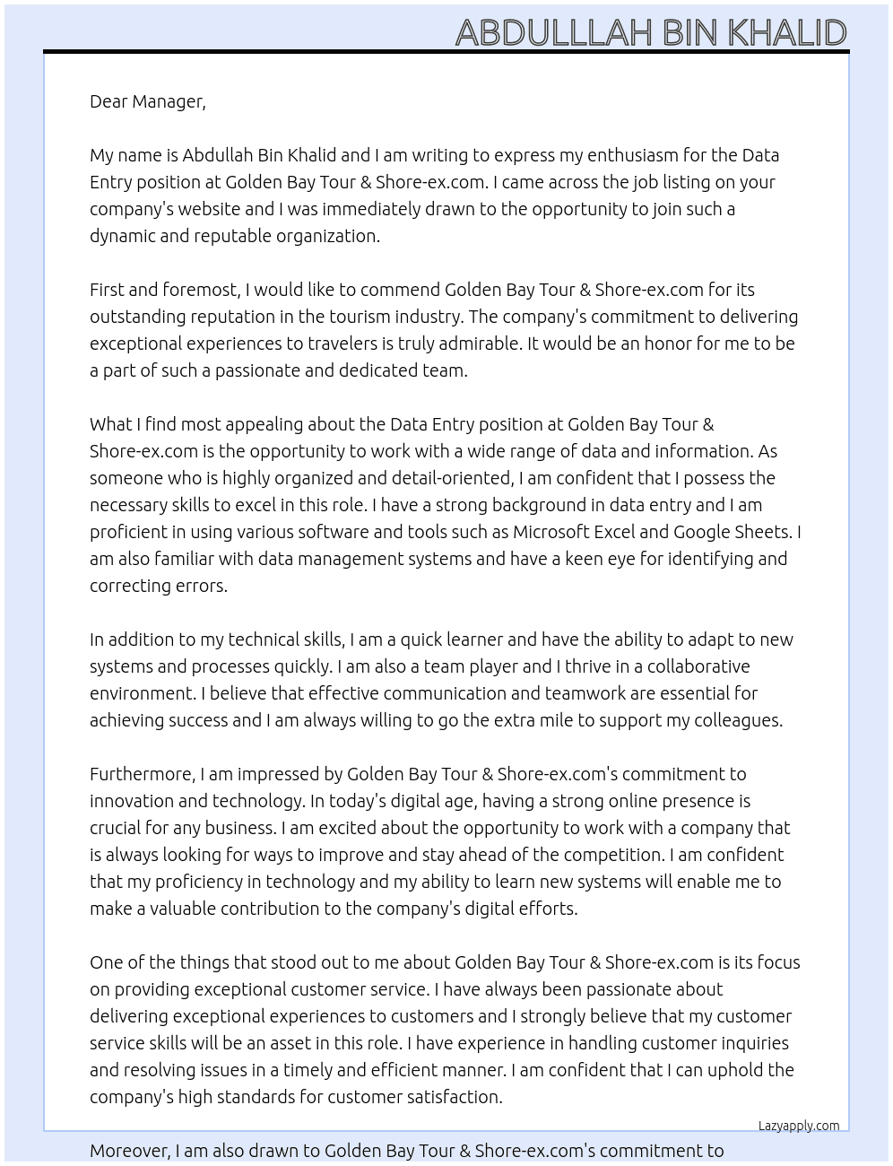 Data entry At Golden Bay Tour & Shore-ex.com Cover Letter