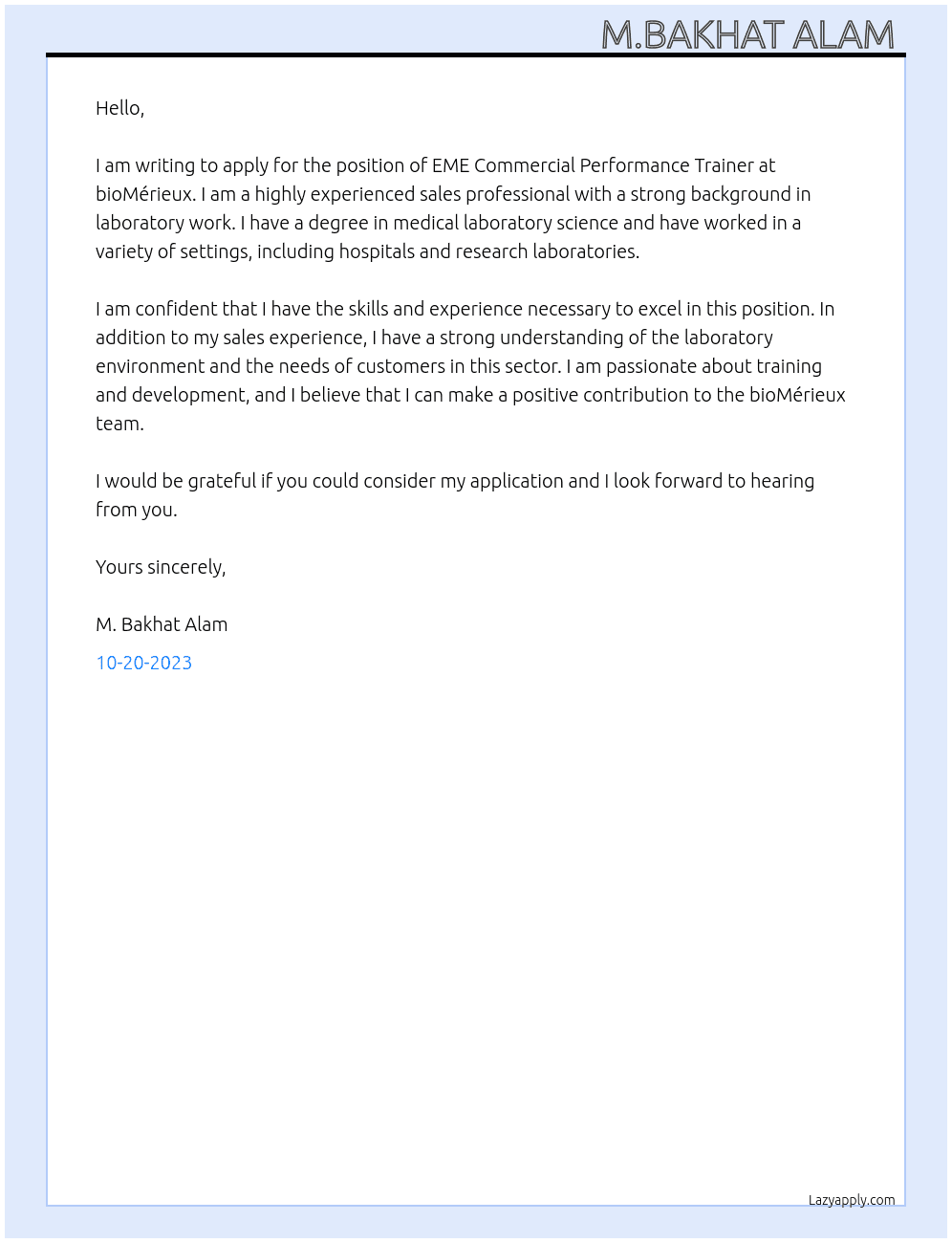  EME Commercial Performance Trainer  At bioMérieux Cover Letter