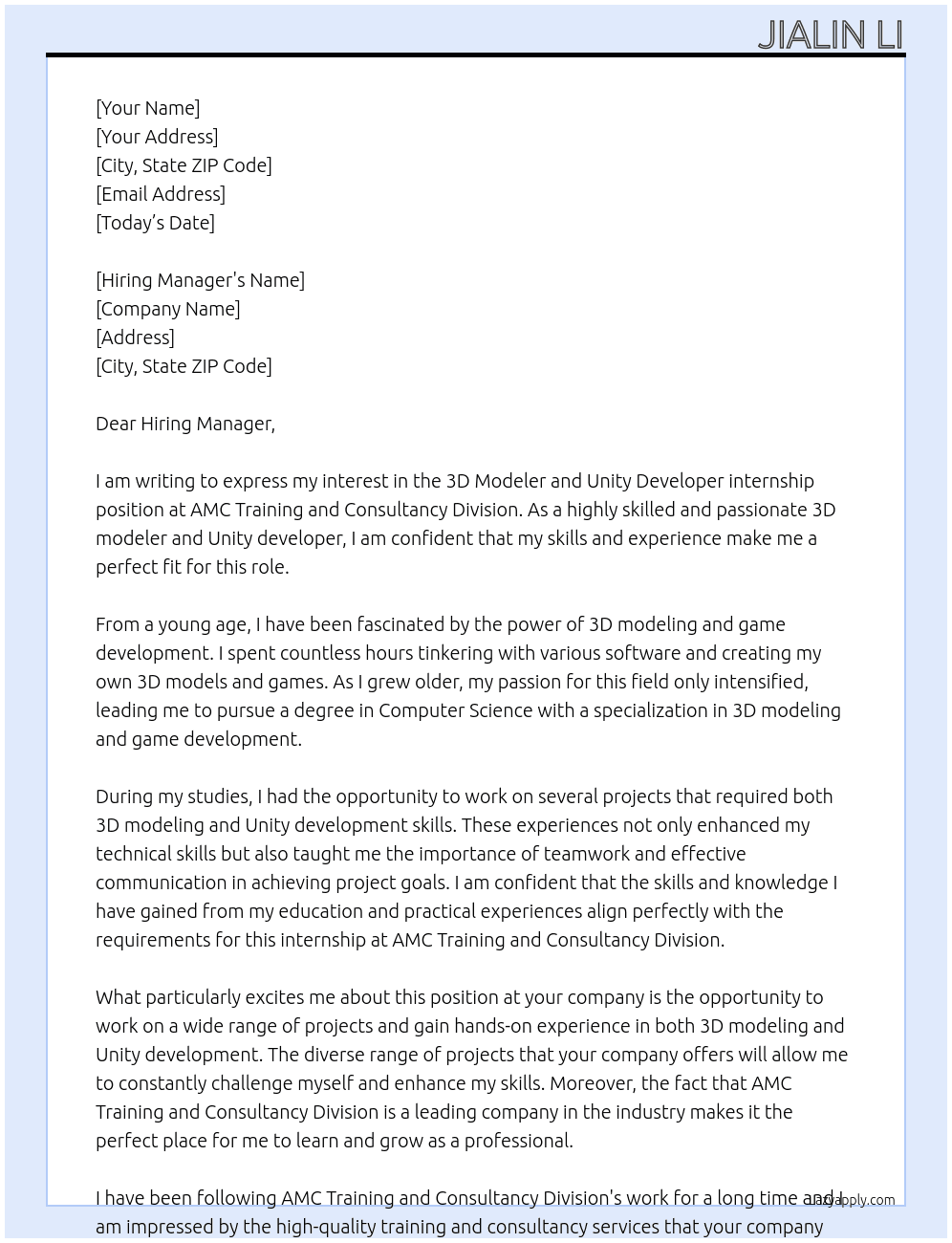  3D Modeler and Unity Developer internship At AMC Training and Consultancy Division Cover Letter