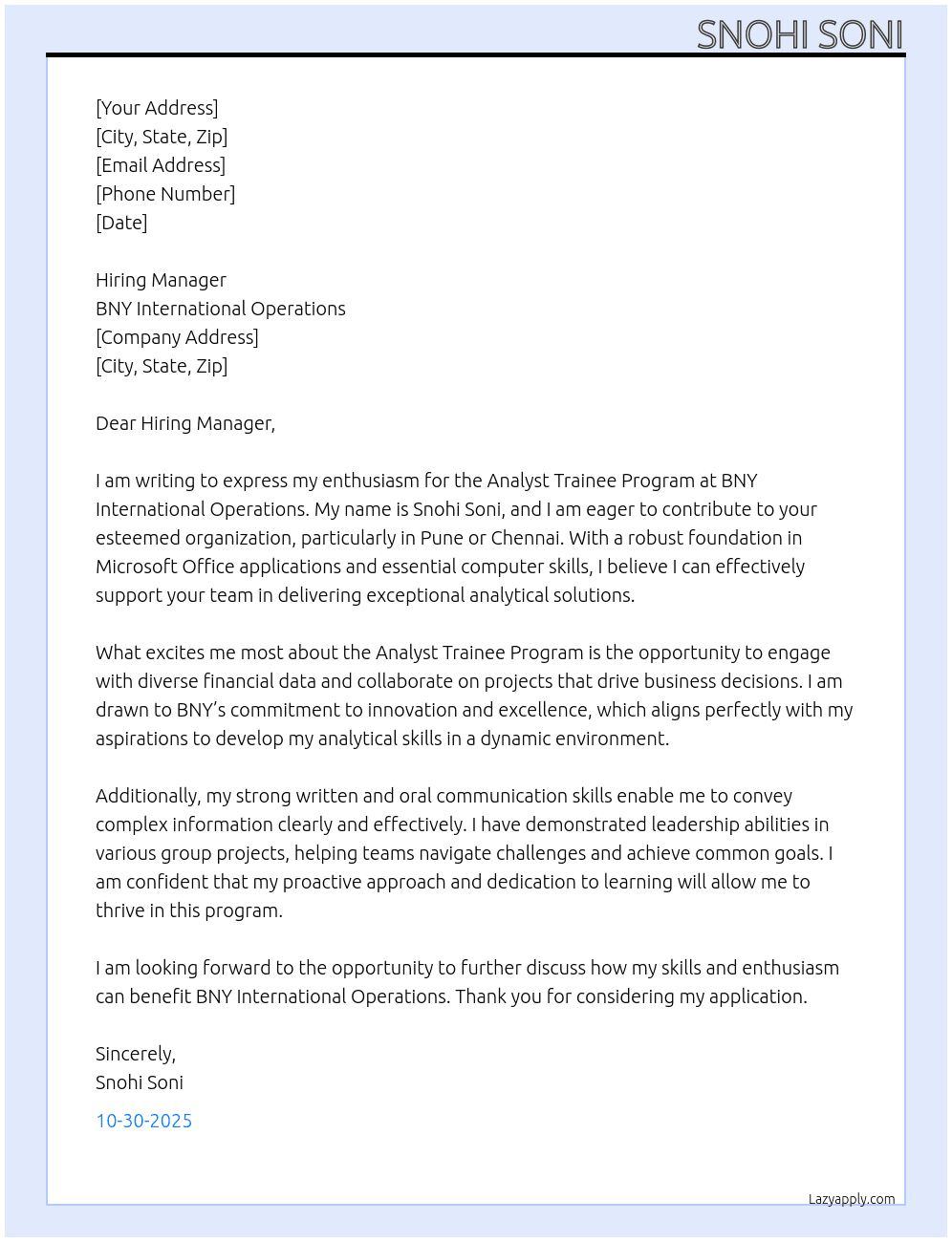 ANALYST TRAINEE PROGRAM At BNY International Operations Cover Letter