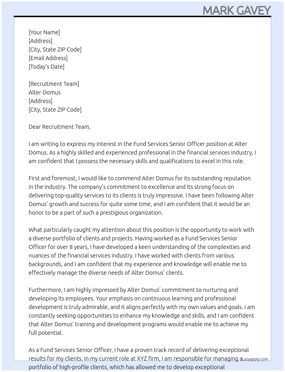 Fund Services Senior Officer At Alter Domus Cover Letter