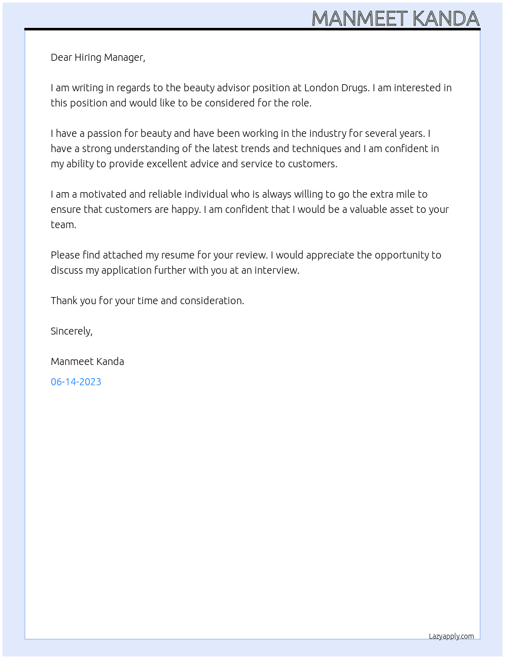 beauty advisor At London Drugs Cover Letter