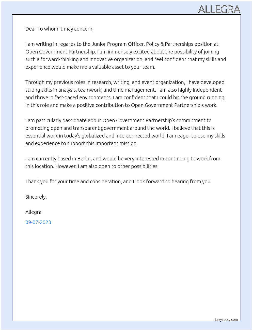  Junior Program Officer, Policy & Partnerships At Open Government Partnership Cover Letter