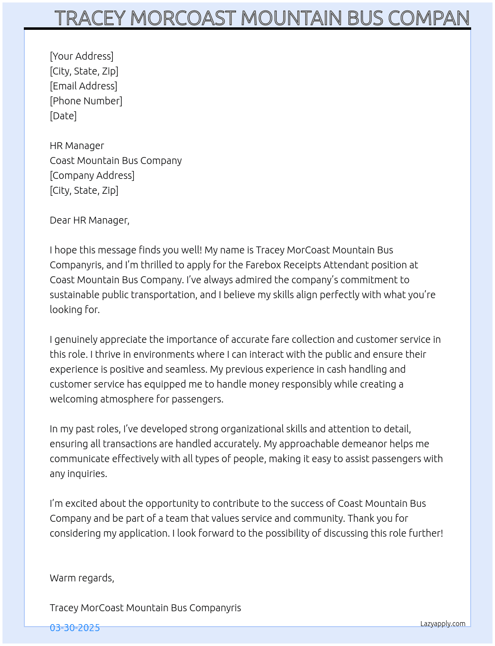 Cover letter for farebox receipts attendant - ptt - LazyApply