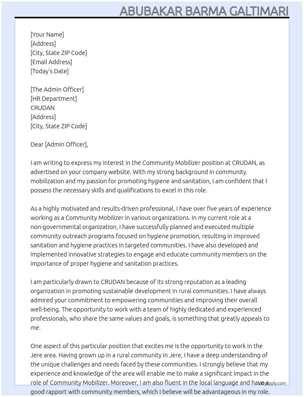 Community mobilizer At CRUDAN Cover Letter