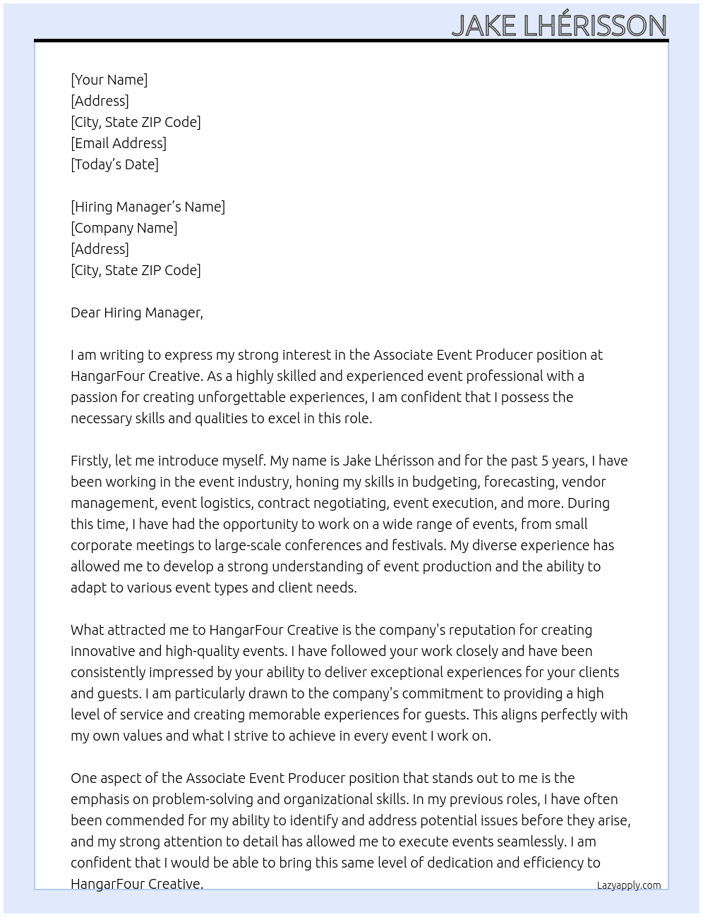 Associate Event Producer At HangarFour Creative Cover Letter