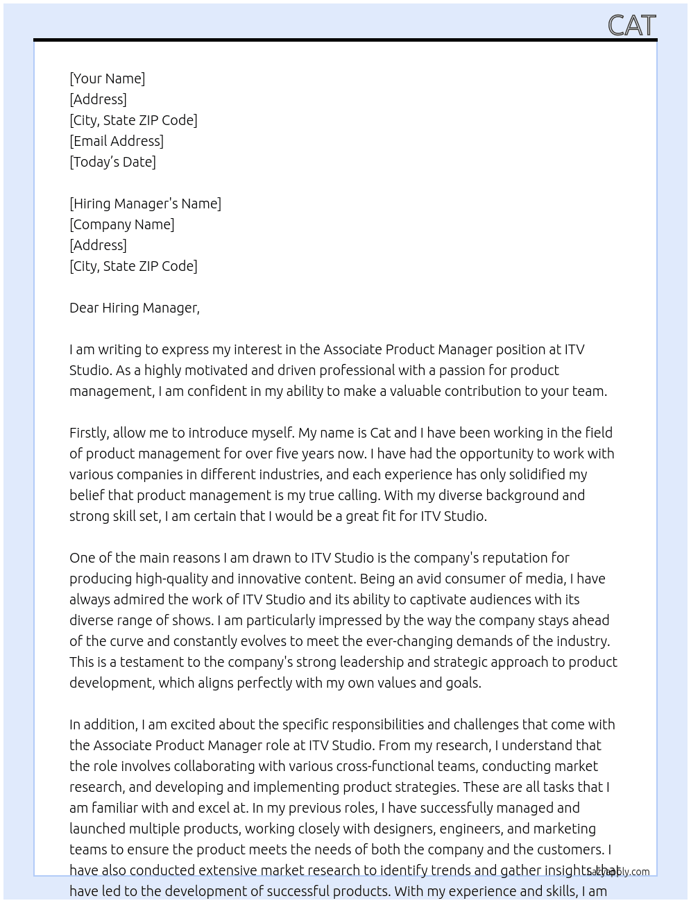 Associate product manager At ITV Studio Cover Letter