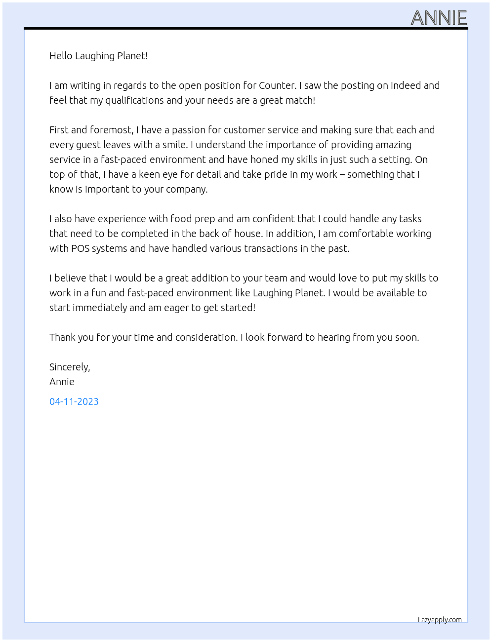 Counter  At Laughing Planet  Cover Letter