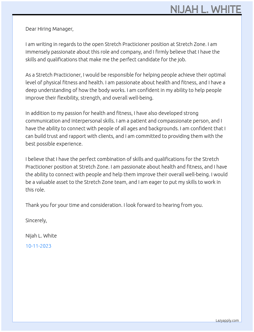 Stretch Practicioner At Stretch Zone  Cover Letter