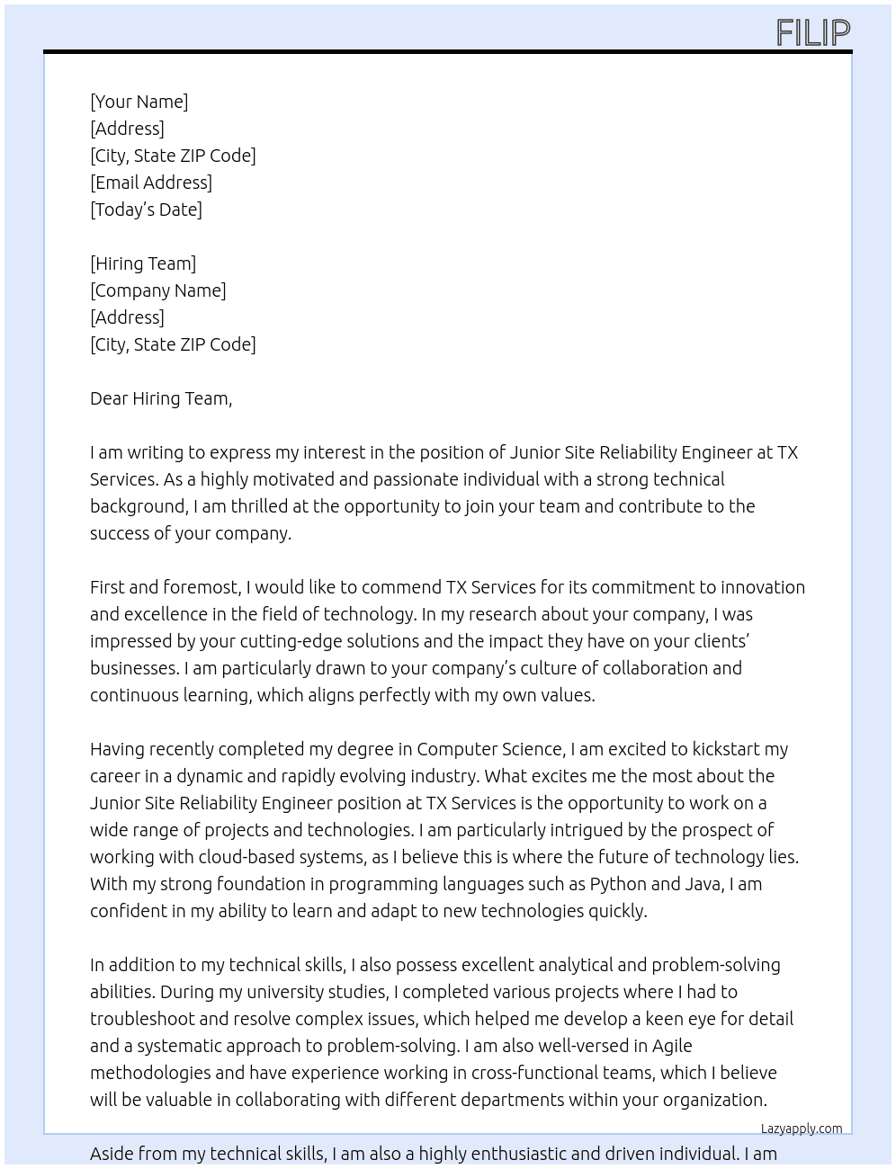 junior site reliability engineer At  TX Services  Cover Letter