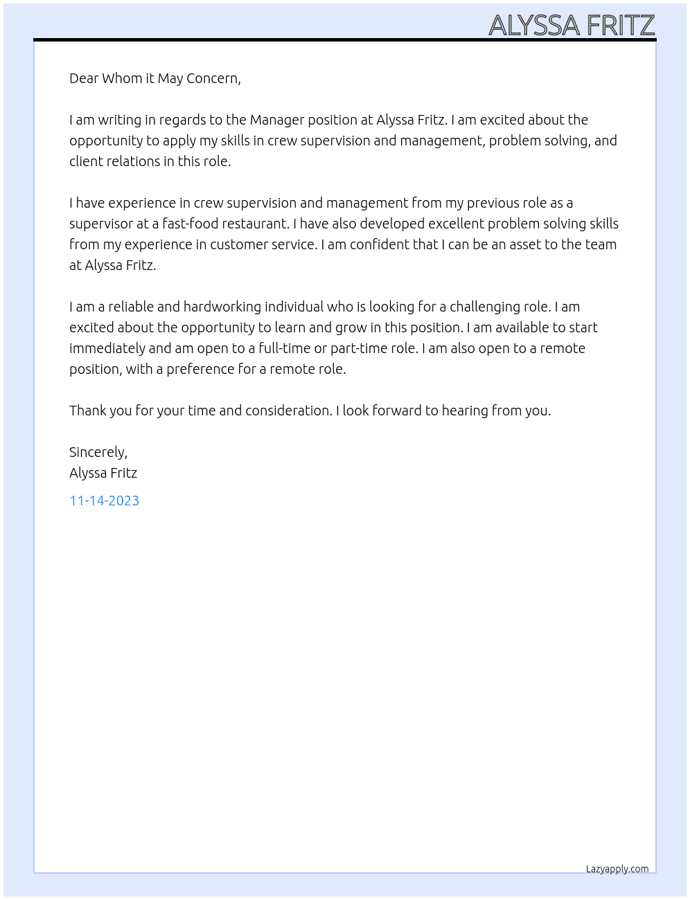 Manager  At Alyssa Fritz Cover Letter