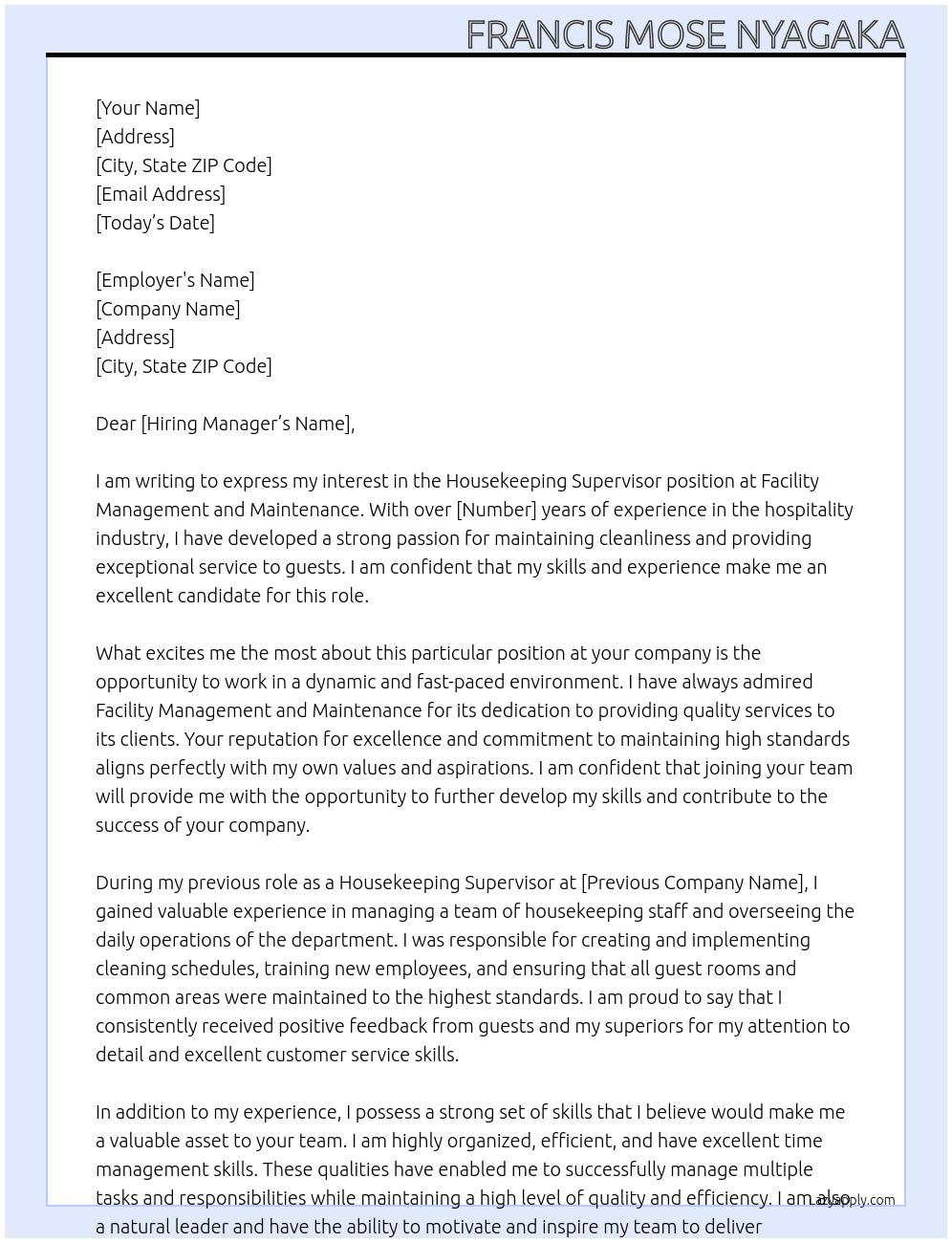 Housekeepong supervisor At Facility managment and maintainence Cover Letter