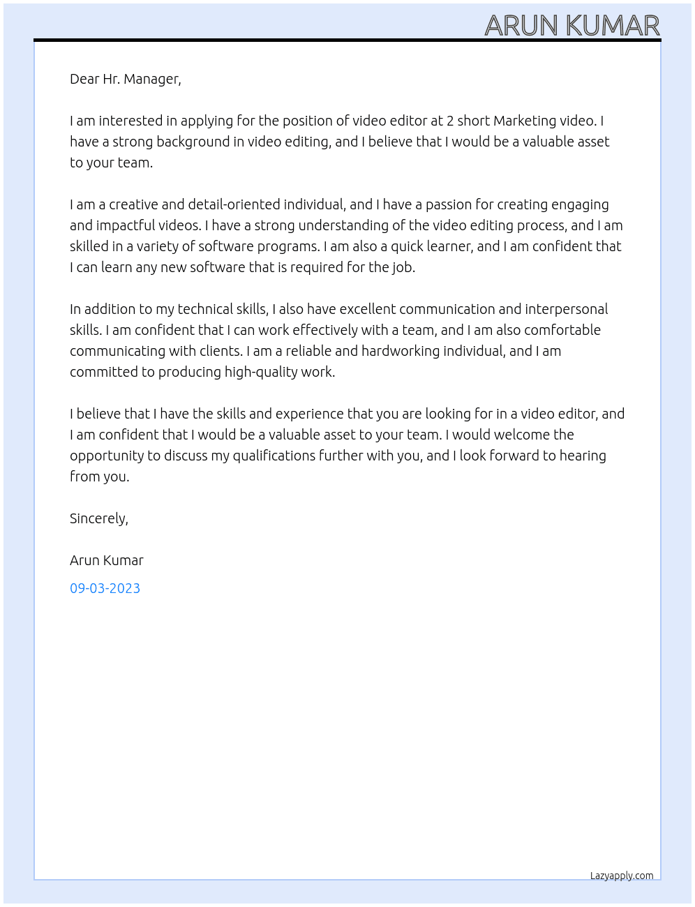 video editor At 2 short Marketing video Cover Letter