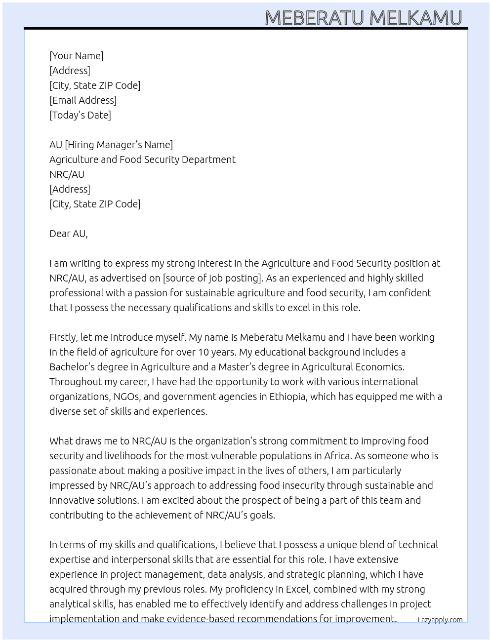 agriculture and food security  At NRC/AU Cover Letter